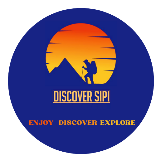 Discover Sipi logo featuring a hiker with a backpack at sunset, mountains and adventure theme in Sipi Falls, Uganda.
