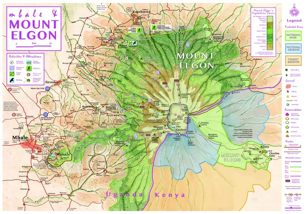 Mount Elgon hiking trail map showing Sipi–Bushiyi route and Wagagai Peak summit in Uganda