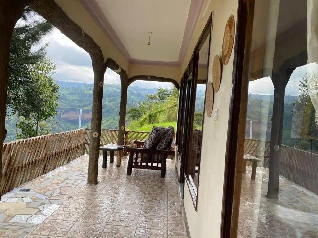 A view of the main waterfalls from one of the rooms at Rafiki lodge Sipi gives you different options of where to stay in Sipi Falls